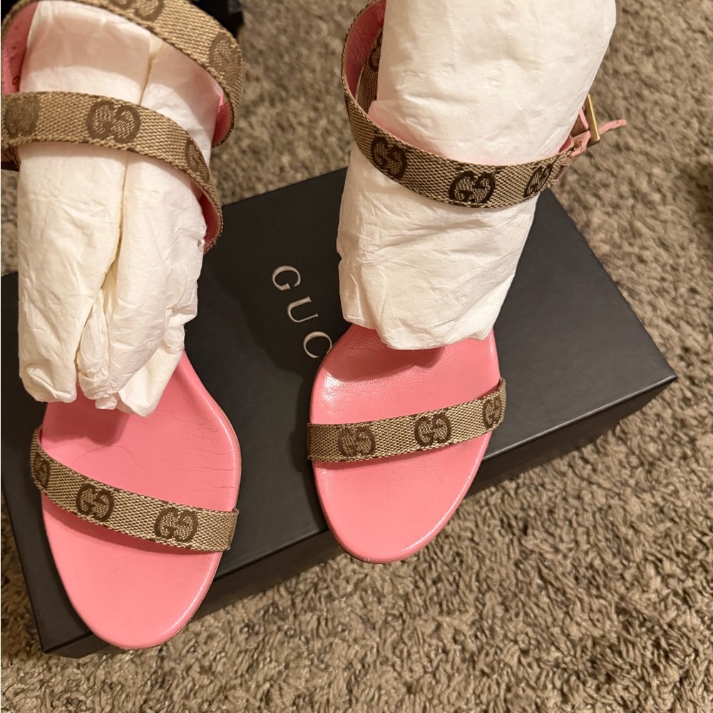 Gucci Pink GG Canvas Ankle-Strap Heels - Picture 2 of 3